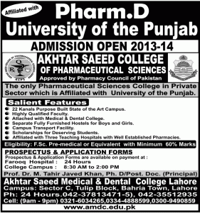 Akhtar Saeed College of Pharmaceutical Sciences Lahore Admission Notice 2013