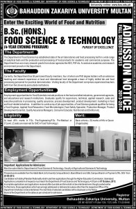 Bahauddin Zakariya University BZU Multan Admission Notice 2013 for BSc Hons Food Science and Technology