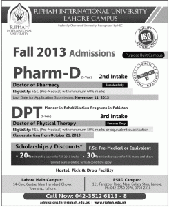 Riphah International University Admission Notice 2013