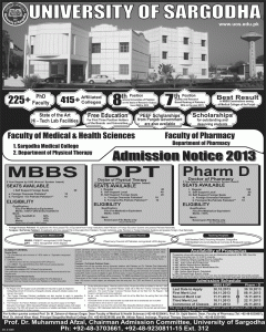 University of Sargodha Admission Notice 2013