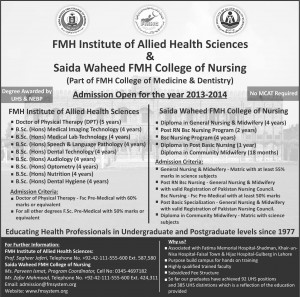 FMH Institute of Allied Health Sciences Lahore Admission Notice 2013