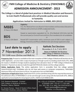 FMH College of Medicine and Dentistry Lahore Admission Notice 2013 for MBBS & BDS