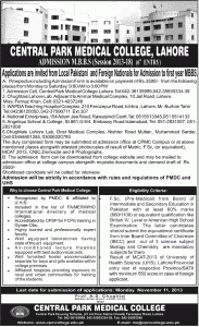 Central Park Medical College Lahore Admission 2013 for MBBS