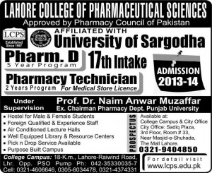 Lahore: Lahore College of Pharmaceutical Sciences LCPS Admission Notice 2013 for Doctor of Pharmacy (Pharm-D) & Pharmacy technician.