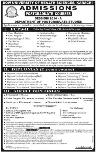 Dow University of Health Sciences (DUHS) Karachi Admission Notice 2013 for For FCPS-II , Diploma & Short Diploma Courses