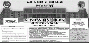 Wah Medical College Wah Cantt Admission 2013 for Bachelor of Medicine, Bachelor of Surgery (MBBS)