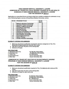 King Edward Medical University KEMU Lahore Admission Notice 2013 for Doctor of Physical Therapy (DPT) & B.Sc. Hons. Allied Health Sciences programs