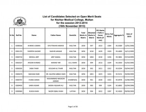 University of Health Sciences (UHS) Lahore: Nishtar Medical College Multan Merit List 2013 for Candidates Selected on Open Merit Seats for Government Medical Institutions of the Punjab (Session 2013-2014) (16th November 2013)