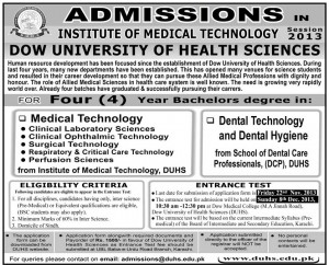 Dow University of Health Sciences Admission Notice 2013