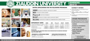 Ziauddin University Karachi Admission Notice 2014
