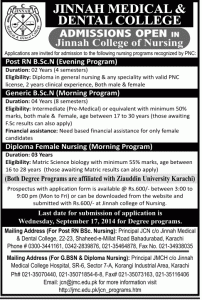 Jinnah Medical & Dental College, Jinnah College of Nursing Karachi Admission Notice 2014-2015 for Post RN BSCN, Generic BSCN, Diploma Female Nursing affiliated with Ziauddin University Karachi